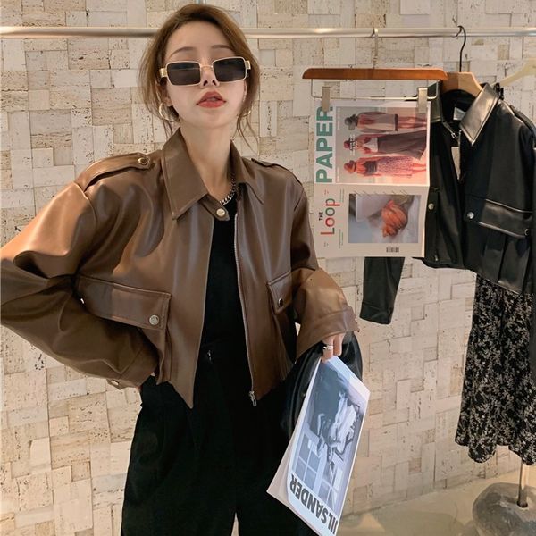 2020 autumn new polo neck long sleeve jacket cardigan loose short motorcycle pu leather coat women's wear
2020 autumn new polo neck long sleeve jacket cardigan loose short motorcycle pu leather coat women's wear