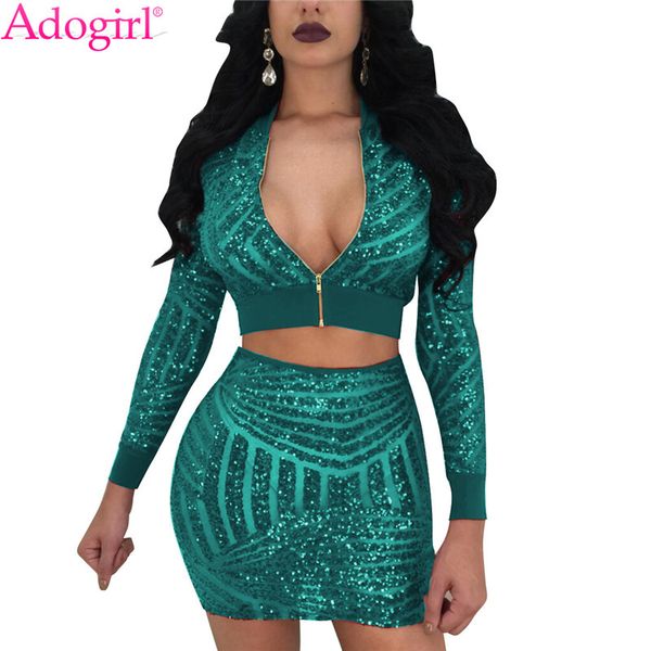 adogirl fashion sequins women two piece dresses set zipper up v neck long sleeve crop bandage mini club party dress y0118, Black;gray
adogirl fashion sequins women two piece dresses set zipper up v neck long sleeve crop bandage mini club party dress y0118, Black;gray