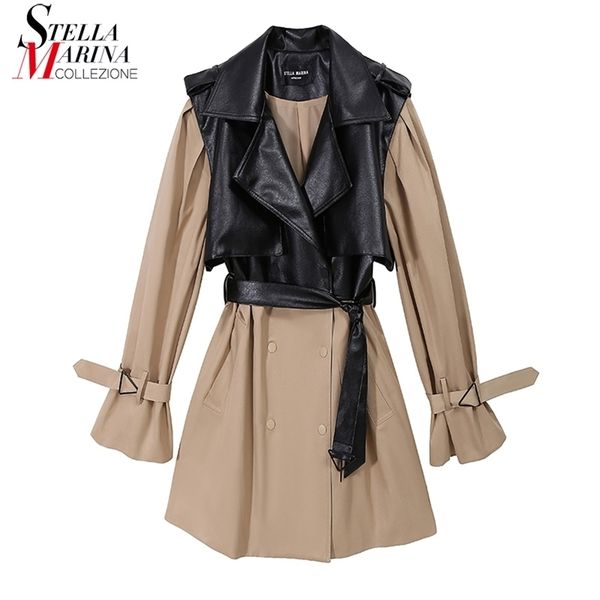 new woman korean autumn winter long trench coat faux leather patchwork ladies stylish windbreaker outerwear style 6759 201031, Tan;black
new woman korean autumn winter long trench coat faux leather patchwork ladies stylish windbreaker outerwear style 6759 201031, Tan;black