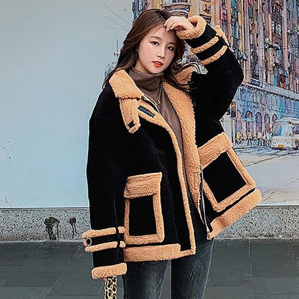 women's fur & faux fashion winter trundown collar long sleeve loose lamb wool splicing plush coat overcoat plus size chaqueta mujer#g3, Black
women's fur & faux fashion winter trundown collar long sleeve loose lamb wool splicing plush coat overcoat plus size chaqueta mujer#g3, Black