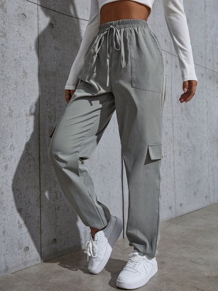 knot waist flap pocket cargo pants u908#, Black;white
