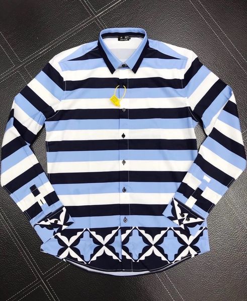 cotton dress shirt with black blue and white striped geometric pattern print men's slim fit style long-sleeved shirt| 2191 nzec, White;black
cotton dress shirt with black blue and white striped geometric pattern print men's slim fit style long-sleeved shirt| 2191 nzec, White;black