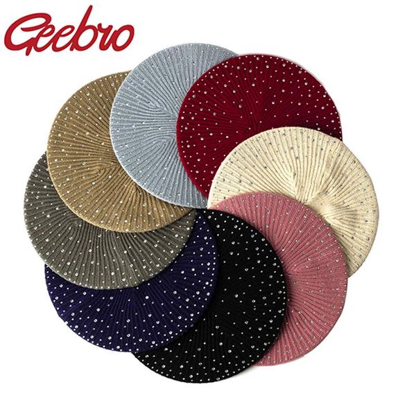 berets geebro women autumn winter beret hat female knitted casual luxury rhinestone sequins caps fashion solid color gorros, Blue;gray 
berets geebro women autumn winter beret hat female knitted casual luxury rhinestone sequins caps fashion solid color gorros, Blue;gray