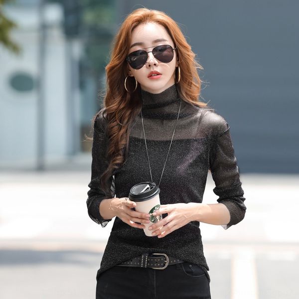 women's high neckline mesh bottomed shirt for autumn and winter with flash silk long sleeve foreign style small shirt and bright silk t, White
women's high neckline mesh bottomed shirt for autumn and winter with flash silk long sleeve foreign style small shirt and bright silk t, White