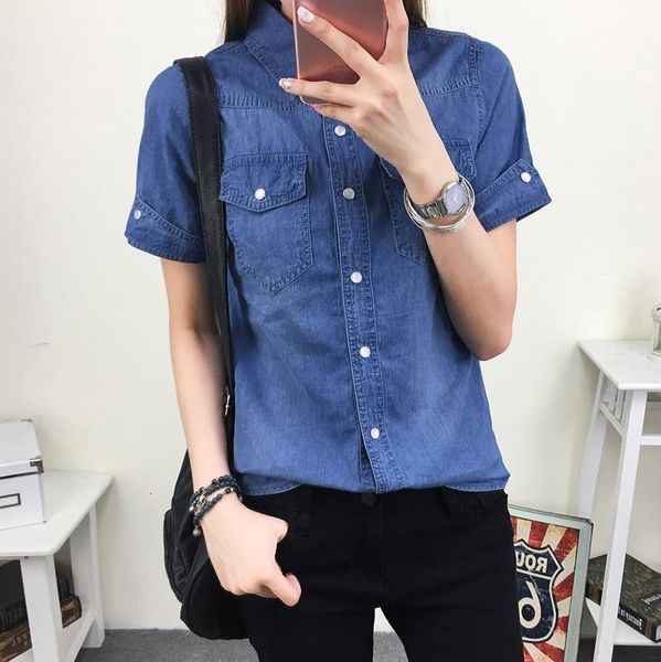 2945 2021 summer cotton denim shirt women short sleeve slim fit preppy style casual joker shirt ladies basic blouse tide, White
2945 2021 summer cotton denim shirt women short sleeve slim fit preppy style casual joker shirt ladies basic blouse tide, White