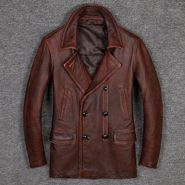 2019 new brown men's double-breasted leather jacket1, Black