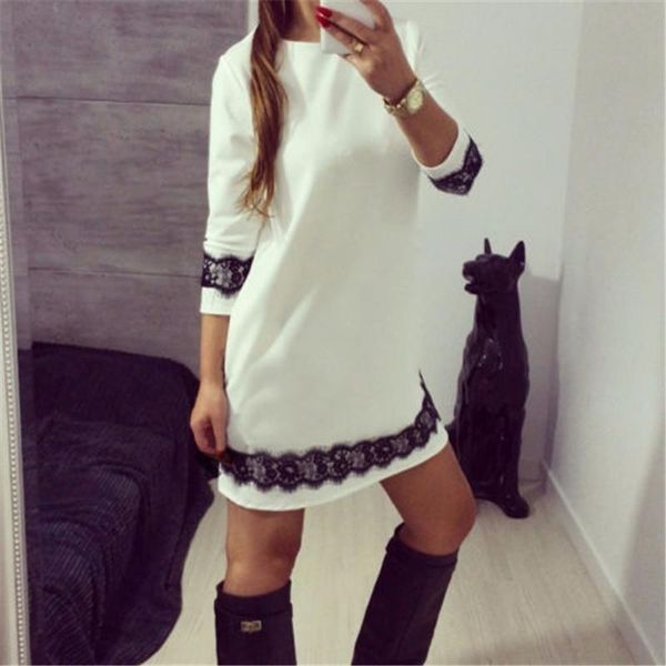 casual dresses women o-neck dress lace ladies party tunic mini, Black;gray 
casual dresses women o-neck dress lace ladies party tunic mini, Black;gray