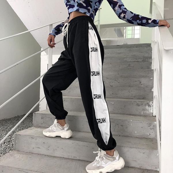 

houzhou sweatpants women joggers hip hop pants women patchwork print bunch legs high waist trousers hippie casual long pants1, Black;white