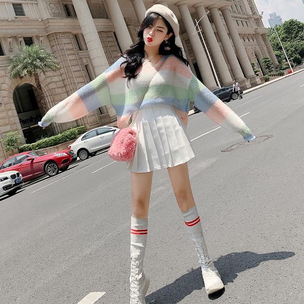 women's sweaters qrwr women sweater 2021 fashion sweet v neck long sleeve rainbow striped knitted pullover elegant korean loose, White;black
women's sweaters qrwr women sweater 2021 fashion sweet v neck long sleeve rainbow striped knitted pullover elegant korean loose, White;black