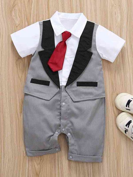 baby vertical striped 2 in 1 romper with tie she, Blue