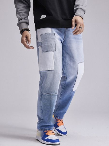 men patchwork washed jeans y28p#, Blue 
men patchwork washed jeans y28p#, Blue