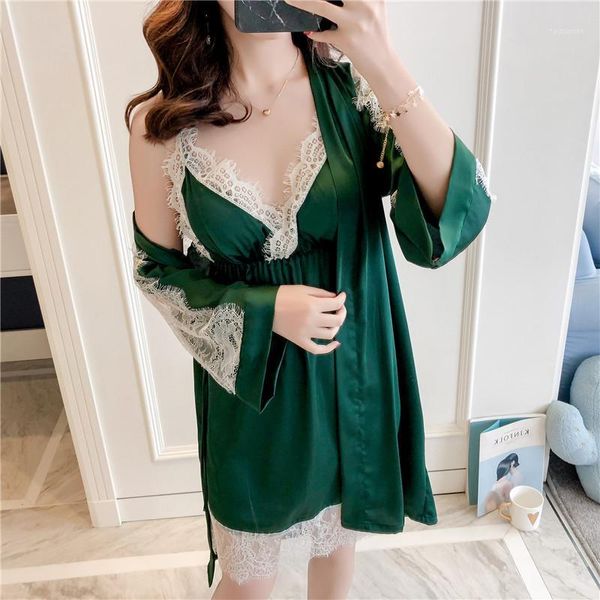 green satin lady twinset robe set summer kimono bathrobe lace trim 2pcs sleepwear long sleeve dressing gown nightwear1, Black;red
green satin lady twinset robe set summer kimono bathrobe lace trim 2pcs sleepwear long sleeve dressing gown nightwear1, Black;red