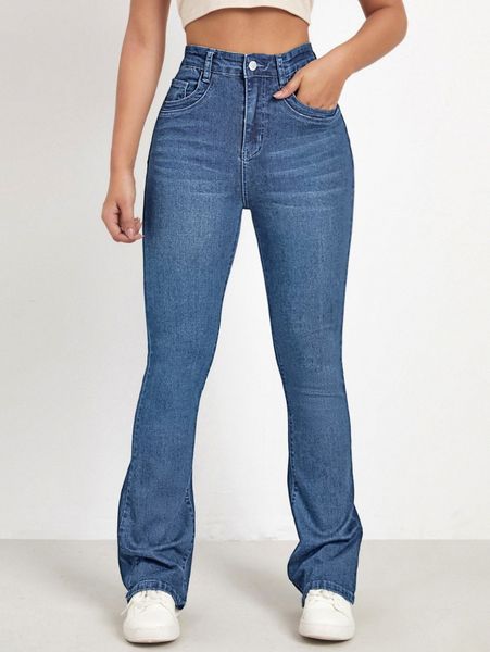 high waist bleach wash flare leg jeans w7bg#, Blue