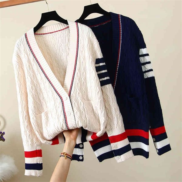 tb striped knitted jacket women's autumn winter new loose four fried dough twist sweater, White
tb striped knitted jacket women's autumn winter new loose four fried dough twist sweater, White