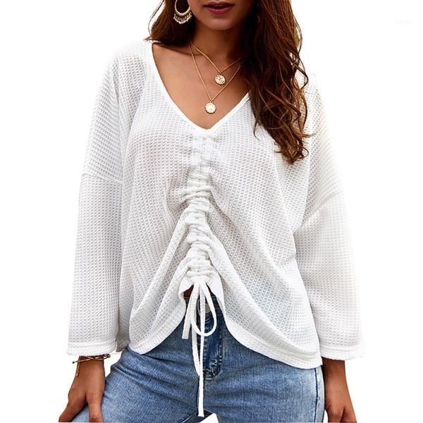 women's v neck adjustable drawstring tie front knit long sleeve ruched sweater pull size adjustable front panel new o281, White;black
women's v neck adjustable drawstring tie front knit long sleeve ruched sweater pull size adjustable front panel new o281, White;black