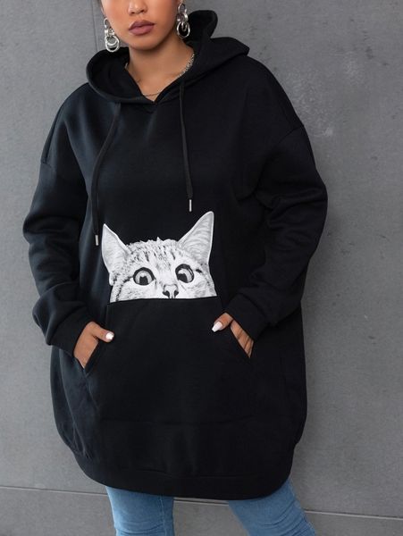 plus cat print kangaroo pocket drop shoulder drawstring thermal hoodie u0s7#, Black
plus cat print kangaroo pocket drop shoulder drawstring thermal hoodie u0s7#, Black