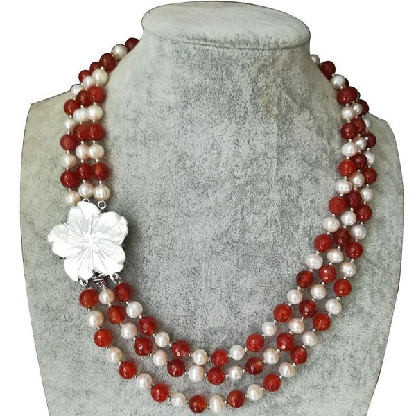 17-19 inches three rows 8-9mm natural round freshwater pearl and carnelian beads necklace with shell flower clasp, Silver
17-19 inches three rows 8-9mm natural round freshwater pearl and carnelian beads necklace with shell flower clasp, Silver