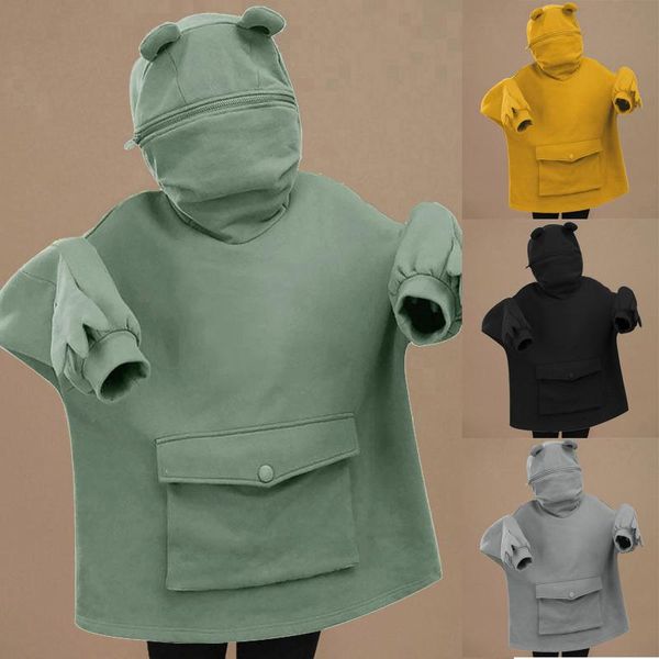 women's ladies solid color cutie f rog ear design stitching three-dimensional pocket oversized pullover sweatershirt mujer, Black
women's ladies solid color cutie f rog ear design stitching three-dimensional pocket oversized pullover sweatershirt mujer, Black