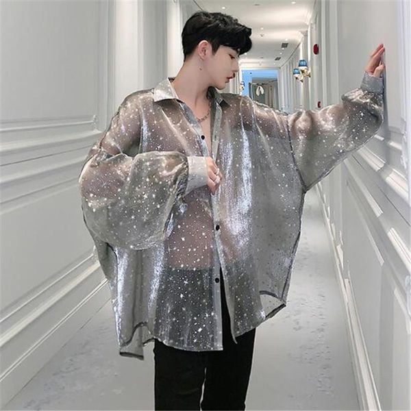 men's casual shirts 2021 brand long sleeve star transparent oversize loose male streetwear hip hop punk gothic party night shirt, White;black
men's casual shirts 2021 brand long sleeve star transparent oversize loose male streetwear hip hop punk gothic party night shirt, White;black