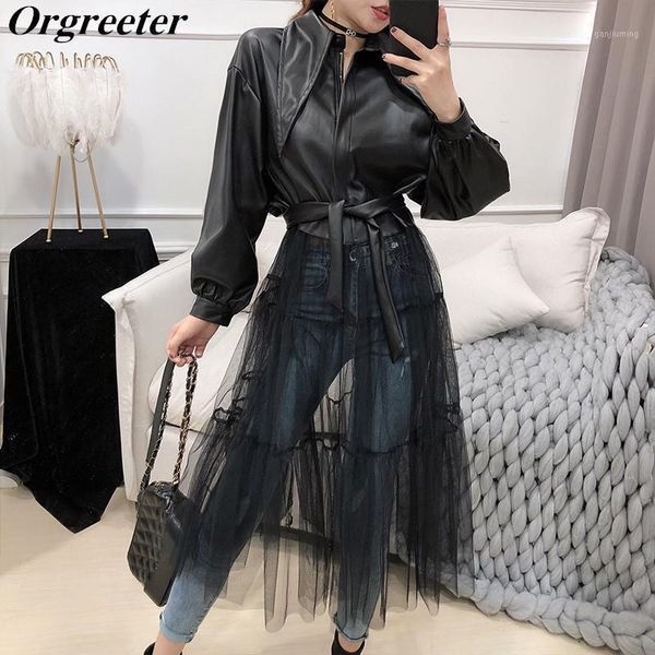 chic design solid color long mesh gauze stitching pu leather coat 2020 spring new women fashion black/green outwear with belt1
chic design solid color long mesh gauze stitching pu leather coat 2020 spring new women fashion black/green outwear with belt1