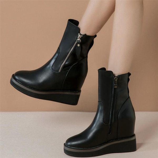 fashion sneakers women genuine leather wedges high heel ankle boots female high round toe platform trainers casual shoes, Black 
fashion sneakers women genuine leather wedges high heel ankle boots female high round toe platform trainers casual shoes, Black