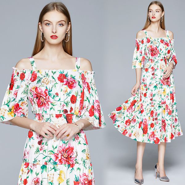 runway designer flower sundress women's off shoulder slash neck floral print boho female elastic waist long strap dress y200805, Black;pink
runway designer flower sundress women's off shoulder slash neck floral print boho female elastic waist long strap dress y200805, Black;pink