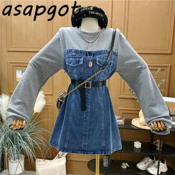 autumn new cotton o neck denim dress women mini chic casual wild streetwear high waist hoodies patchwork fake two pieces dress, Black;gray
autumn new cotton o neck denim dress women mini chic casual wild streetwear high waist hoodies patchwork fake two pieces dress, Black;gray
