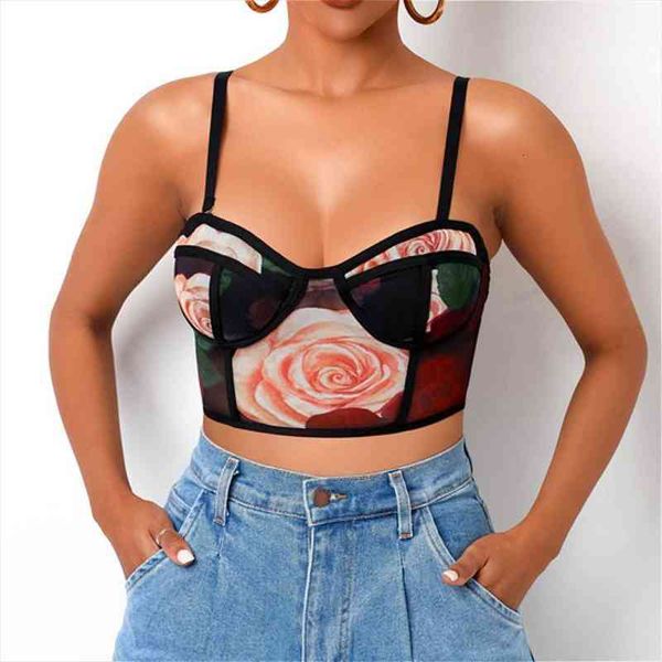 women rose floral vintage cropped tank summer spaghetti strap corset crop club camis female, White 
women rose floral vintage cropped tank summer spaghetti strap corset crop club camis female, White