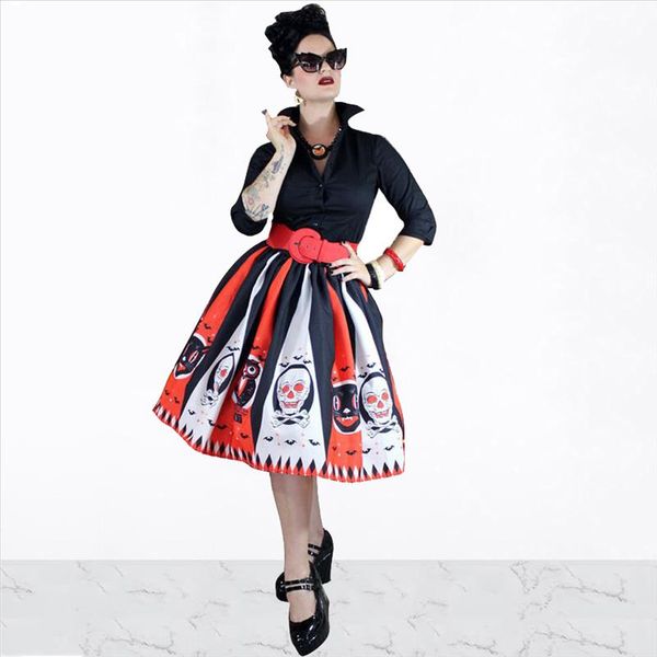 women vintage halloween skirt retro poker face skull plus size skirt high waist pleated ball gown long skirts, Black
women vintage halloween skirt retro poker face skull plus size skirt high waist pleated ball gown long skirts, Black
