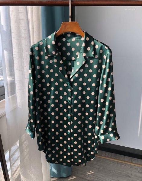 women shirt classic retro green polka dot suit collar 3/4 sleeve silk shirt1, White
women shirt classic retro green polka dot suit collar 3/4 sleeve silk shirt1, White