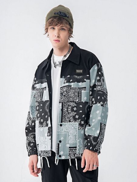 men paisley print patched button up jacket f0h9#, Black;brown
men paisley print patched button up jacket f0h9#, Black;brown