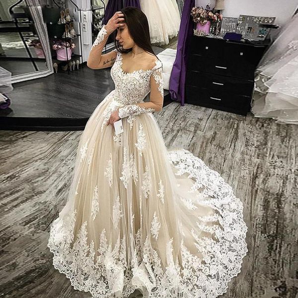 jewel neck long sleeves a line lace wedding dresses with appliques sweep train tulle plus size bridal gowns vestido de novia, White
jewel neck long sleeves a line lace wedding dresses with appliques sweep train tulle plus size bridal gowns vestido de novia, White