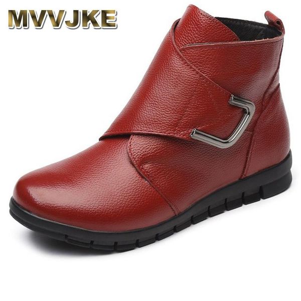 mvvjke women boots winter new fashion female warm snow boots woman genuine leather flat ankle women plus size shoes, Black