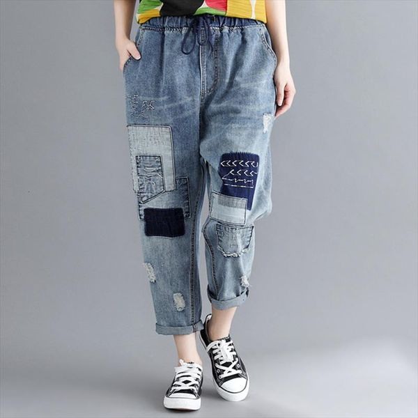 fashion patchwork denim pants 2021 summer new elastic waist hole tie casual ankle length women vintage jeans pants, Black;white
fashion patchwork denim pants 2021 summer new elastic waist hole tie casual ankle length women vintage jeans pants, Black;white