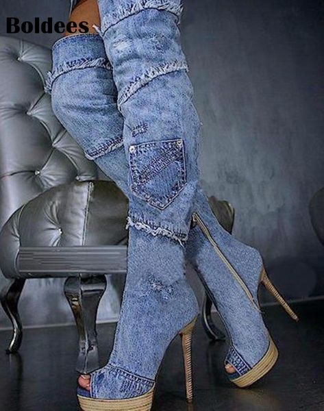 blue denim over the knee boots women open toe lace decor thigh high boot cowboy high heel booty r1, Black 
blue denim over the knee boots women open toe lace decor thigh high boot cowboy high heel booty r1, Black
