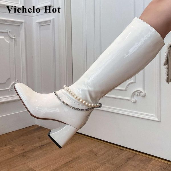 boots vichelo riding cow patent leather chain decorations pearl beading square toe thick high heel fairy knee-high l67, Black
boots vichelo riding cow patent leather chain decorations pearl beading square toe thick high heel fairy knee-high l67, Black