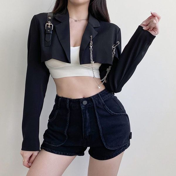 women's suits & blazers woman coat autumn black color blazer cropped for ladies metal chain punk style short outer jackets, White;black
women's suits & blazers woman coat autumn black color blazer cropped for ladies metal chain punk style short outer jackets, White;black