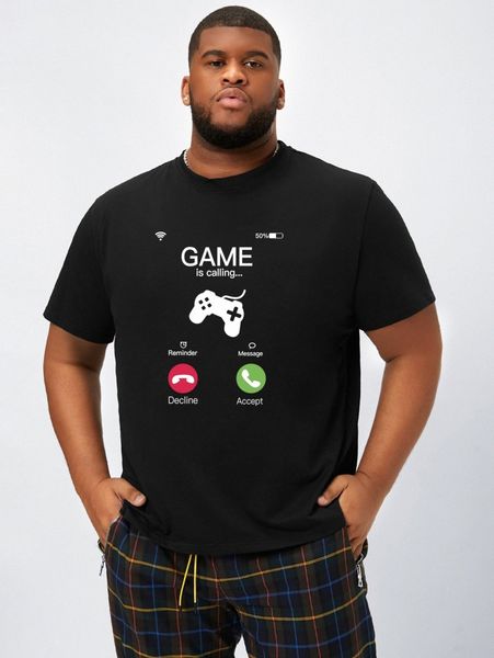 extended sizes men slogan & gamepad print tee w1im#, White;black 
extended sizes men slogan & gamepad print tee w1im#, White;black