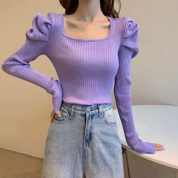 vintage puff long sleeve square collar knitted sweater pullovers girls solid stretchy streetwear knitwear for women, White;black
vintage puff long sleeve square collar knitted sweater pullovers girls solid stretchy streetwear knitwear for women, White;black