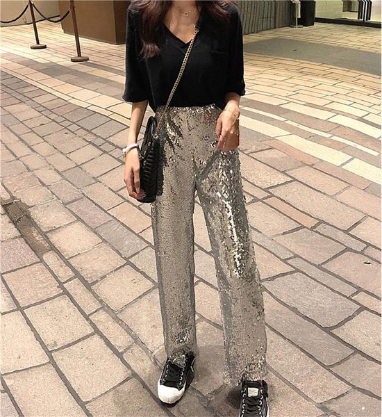 women's pants & capris casual shining bing sequin pant for female wide leg silver trouser, Black;white
women's pants & capris casual shining bing sequin pant for female wide leg silver trouser, Black;white