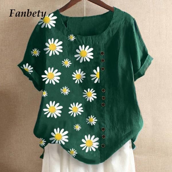 women summer daisy print cotton linen blouse shirt elegant short sleeve buttons pullover 5xl casual o-neck lady blusa y200622, White
women summer daisy print cotton linen blouse shirt elegant short sleeve buttons pullover 5xl casual o-neck lady blusa y200622, White