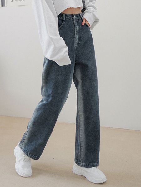 dazy high waist slant pockets straight leg jeans 37il#, Blue