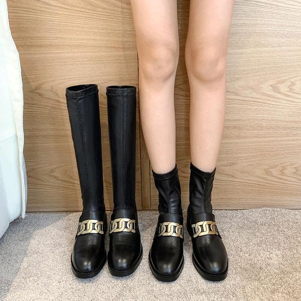 2021 new winter knee high boots women shoes cow leather knitting stretch boots metal decoration female riding, Black
2021 new winter knee high boots women shoes cow leather knitting stretch boots metal decoration female riding, Black