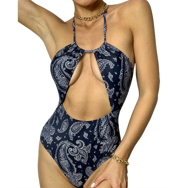 women's ethnic style printed one-piece swimsuit front hollowed off-shoulder high waistline halter swimwear, White;black
women's ethnic style printed one-piece swimsuit front hollowed off-shoulder high waistline halter swimwear, White;black