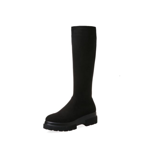 2021 new elegant autumn winter women knee high superfine fiber side boots long prom dancing shoes woman nedn, Black