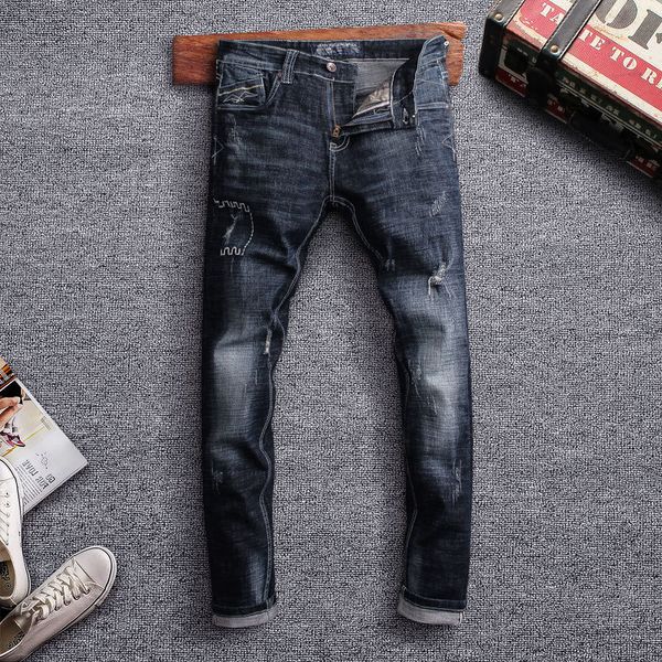 2021 new italian fashionable male black fine vintage fit designer torn streetwear retro classic jeans w8i9, Blue
2021 new italian fashionable male black fine vintage fit designer torn streetwear retro classic jeans w8i9, Blue