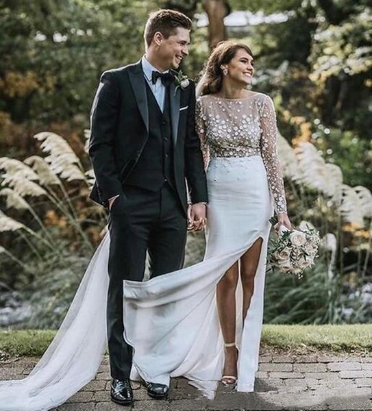 romantic see through boho sheath wedding dress 3d floral appliques illusion long sleeve bohemian bridal gowns side high split custom made, White
romantic see through boho sheath wedding dress 3d floral appliques illusion long sleeve bohemian bridal gowns side high split custom made, White