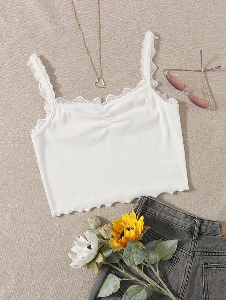 lace trim ruched front cami t9x4#, White
lace trim ruched front cami t9x4#, White