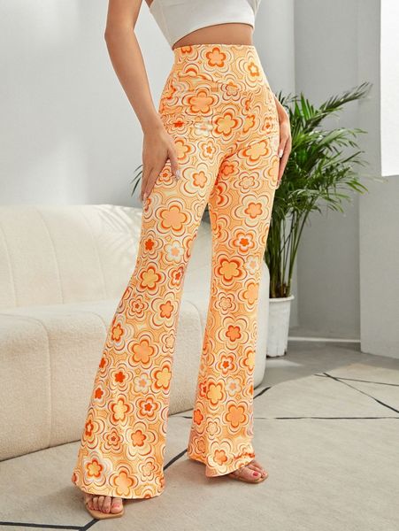 floral print flare leg pants l4mh#, Black;white