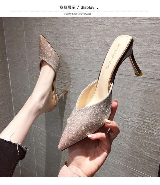summer fashion lady glitter high heels slippers mules slip on closed pointed toe women outdoor bling slides shoes woman sandals x1020, Black 
summer fashion lady glitter high heels slippers mules slip on closed pointed toe women outdoor bling slides shoes woman sandals x1020, Black